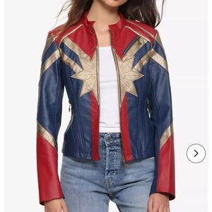 Her Universe Captain Marvel Blue and Red Leather Jacket with Gold Star Accent